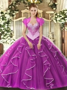 Perfect Sleeveless Tulle Floor Length Lace Up Sweet 16 Dresses in Fuchsia with Beading