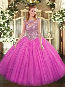 Fuchsia Ball Gowns Scoop Sleeveless Tulle Floor Length Lace Up Beading 15 Quinceanera Dress