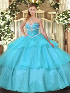 Sophisticated Floor Length Lace Up Ball Gown Prom Dress Aqua Blue for Military Ball and Sweet 16 and Quinceanera with Beading and Ruffled Layers