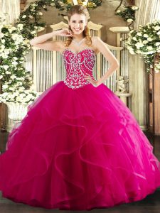 Edgy Sweetheart Sleeveless Quinceanera Gowns Floor Length Beading and Ruffles Hot Pink Tulle