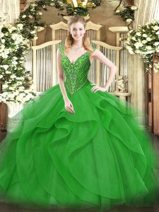 Green Lace Up V-neck Beading and Ruffles Quinceanera Gowns Tulle Sleeveless