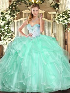 Apple Green Ball Gowns Sweetheart Sleeveless Organza Floor Length Lace Up Beading and Ruffles Quince Ball Gowns