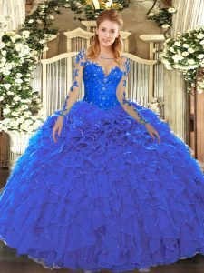 Blue Organza Lace Up Scoop Long Sleeves Floor Length Quinceanera Gown Lace and Ruffles