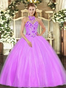 Pretty Floor Length Lace Up Ball Gown Prom Dress Lilac for Military Ball and Sweet 16 and Quinceanera with Embroidery