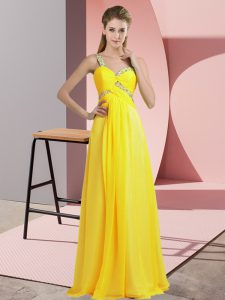 Beading Prom Evening Gown Yellow Lace Up Sleeveless Floor Length