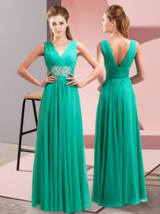 Edgy Turquoise Evening Dress Prom and Party with Beading and Ruching V-neck Sleeveless Side Zipper