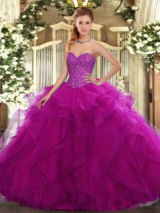 Tulle Sweetheart Sleeveless Lace Up Beading and Ruffles Quinceanera Gown in Fuchsia
