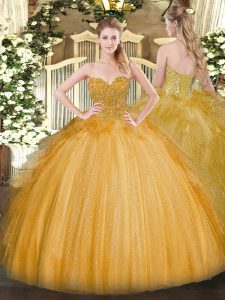 Glittering Gold Sleeveless Floor Length Lace Lace Up Quinceanera Gown