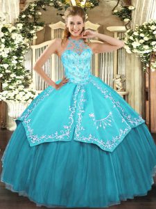 Flirting Aqua Blue Sleeveless Beading and Embroidery Floor Length 15th Birthday Dress