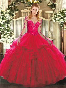 Ball Gowns Quince Ball Gowns Red Scoop Tulle Long Sleeves Floor Length Lace Up