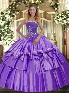 Top Selling Sleeveless Floor Length Beading and Ruffled Layers Lace Up 15 Quinceanera Dress with Lavender