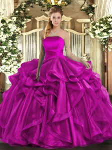 Custom Fit Fuchsia Strapless Lace Up Ruffles 15 Quinceanera Dress Sleeveless