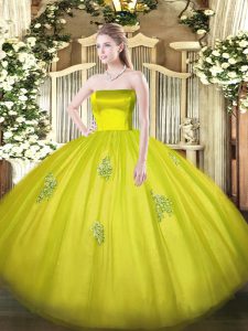 Olive Green Ball Gowns Strapless Sleeveless Tulle Floor Length Zipper Appliques Quinceanera Gowns