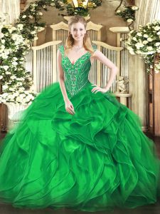 Fashionable Green Ball Gown Prom Dress Military Ball and Sweet 16 and Quinceanera with Beading and Ruffles V-neck Sleeveless Lace Up
