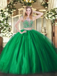 Most Popular Green Two Pieces Tulle Scoop Sleeveless Beading Floor Length Lace Up Quinceanera Gowns