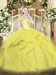 Ball Gowns Quinceanera Dresses Yellow Off The Shoulder Tulle Sleeveless Floor Length Lace Up
