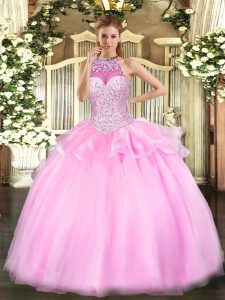 Custom Design Pink Sleeveless Floor Length Beading Lace Up 15 Quinceanera Dress