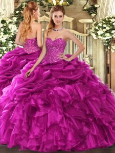 Sleeveless Floor Length Beading and Ruffles and Pick Ups Lace Up Quinceanera Dress with Fuchsia