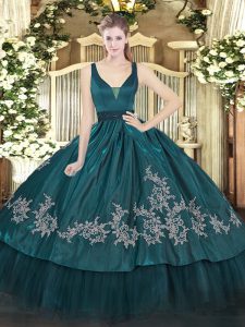 Wonderful Beading and Embroidery Quince Ball Gowns Teal Zipper Sleeveless Floor Length