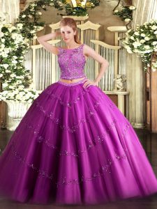 Floor Length Lace Up Quinceanera Gowns Fuchsia for Military Ball and Sweet 16 and Quinceanera with Beading and Appliques