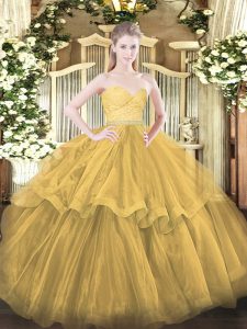 Glittering Gold Sweetheart Neckline Beading and Lace and Ruffled Layers Quinceanera Gown Sleeveless Zipper