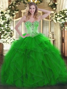 Best Organza Sweetheart Sleeveless Lace Up Beading and Ruffles Quinceanera Dress in Green