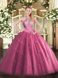 Halter Top Sleeveless Tulle Quinceanera Dress Lace and Appliques Lace Up
