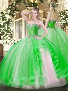 Halter Top Sleeveless Vestidos de Quinceanera Floor Length Beading and Ruffles Green Tulle