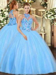 Sleeveless Floor Length Embroidery Lace Up Vestidos de Quinceanera with Baby Blue