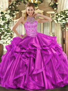 New Style Fuchsia Lace Up Quinceanera Gown Beading and Embroidery and Ruffles Sleeveless Floor Length