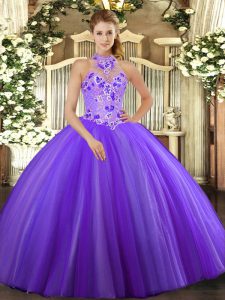 High Quality Purple Ball Gowns Embroidery Quinceanera Dress Lace Up Tulle Sleeveless Floor Length