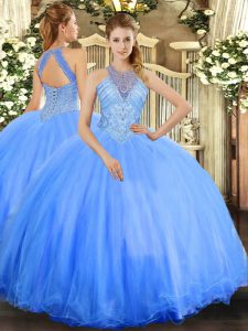 Sleeveless Tulle Floor Length Lace Up Quinceanera Gowns in Blue with Beading