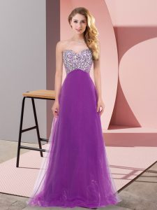 Floor Length Purple Dress for Prom Tulle Sleeveless Beading