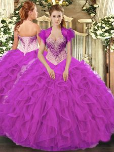 Captivating Sleeveless Floor Length Beading and Ruffles Lace Up Quince Ball Gowns with Fuchsia