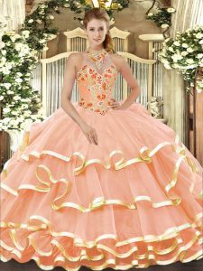 Peach Organza Lace Up Halter Top Sleeveless Floor Length Quinceanera Dress Beading and Embroidery