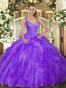 Latest V-neck Sleeveless Tulle Vestidos de Quinceanera Beading and Ruffles Lace Up