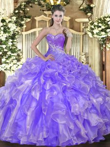 Classical Lavender Lace Up Sweetheart Beading and Ruffles 15th Birthday Dress Organza Sleeveless