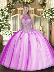 Sexy Fuchsia Ball Gowns Tulle Halter Top Sleeveless Beading and Appliques Floor Length Lace Up Sweet 16 Dresses