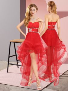 Red Sleeveless High Low Beading Lace Up