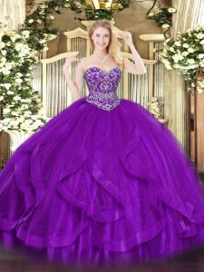 Sweetheart Sleeveless Tulle Quinceanera Gowns Ruffles Lace Up