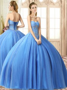 Sweet Sleeveless Tulle Floor Length Lace Up Quinceanera Gowns in Baby Blue with Beading