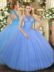 Extravagant Floor Length Ball Gowns Sleeveless Light Blue Quinceanera Gown Lace Up
