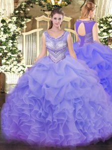 Lavender Sleeveless Beading and Ruffles and Pick Ups Floor Length Ball Gown Prom Dress