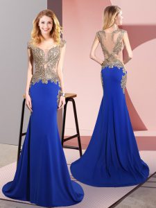 Designer Royal Blue Elastic Woven Satin Side Zipper Prom Party Dress Sleeveless Sweep Train Beading