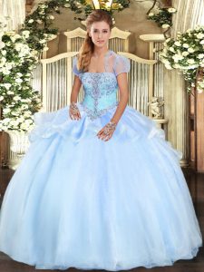 Romantic Light Blue Quinceanera Gowns Military Ball and Sweet 16 and Quinceanera with Appliques Strapless Sleeveless Lace Up