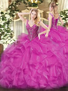 Floor Length Fuchsia Quinceanera Gown Organza Long Sleeves Beading and Ruffles