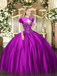 Floor Length Lace Up 15th Birthday Dress Fuchsia for Military Ball and Sweet 16 and Quinceanera with Beading