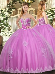 Sumptuous Sleeveless Tulle Floor Length Lace Up Quinceanera Gown in Rose Pink with Beading and Appliques
