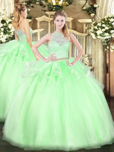 Fitting Apple Green Tulle Zipper Scoop Sleeveless Floor Length Sweet 16 Quinceanera Dress Lace