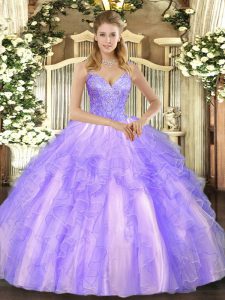 Trendy Lavender Sleeveless Beading and Ruffles Floor Length Sweet 16 Quinceanera Dress